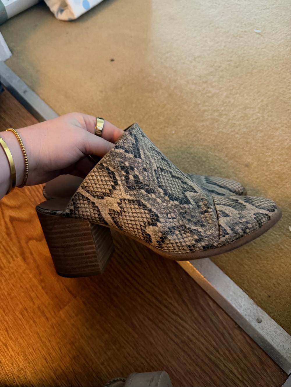 Report Snake Print Block Heel Mules in Taupe and Black